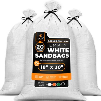 Xpose Safety Heavy Duty Sand Bags with Tie Strings Empty Woven Polypropylene Sandbags for Hurricane Flood Protection, 100 lb Capacity, 18" x 30", White, Pack of 20