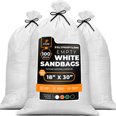 Xpose Safety Heavy Duty Sand Bags with Tie Strings Empty Woven Polypropylene Sandbags for Hurricane Flood Protection, 100 lb Capacity, 18" x 30", White, Pack of 100