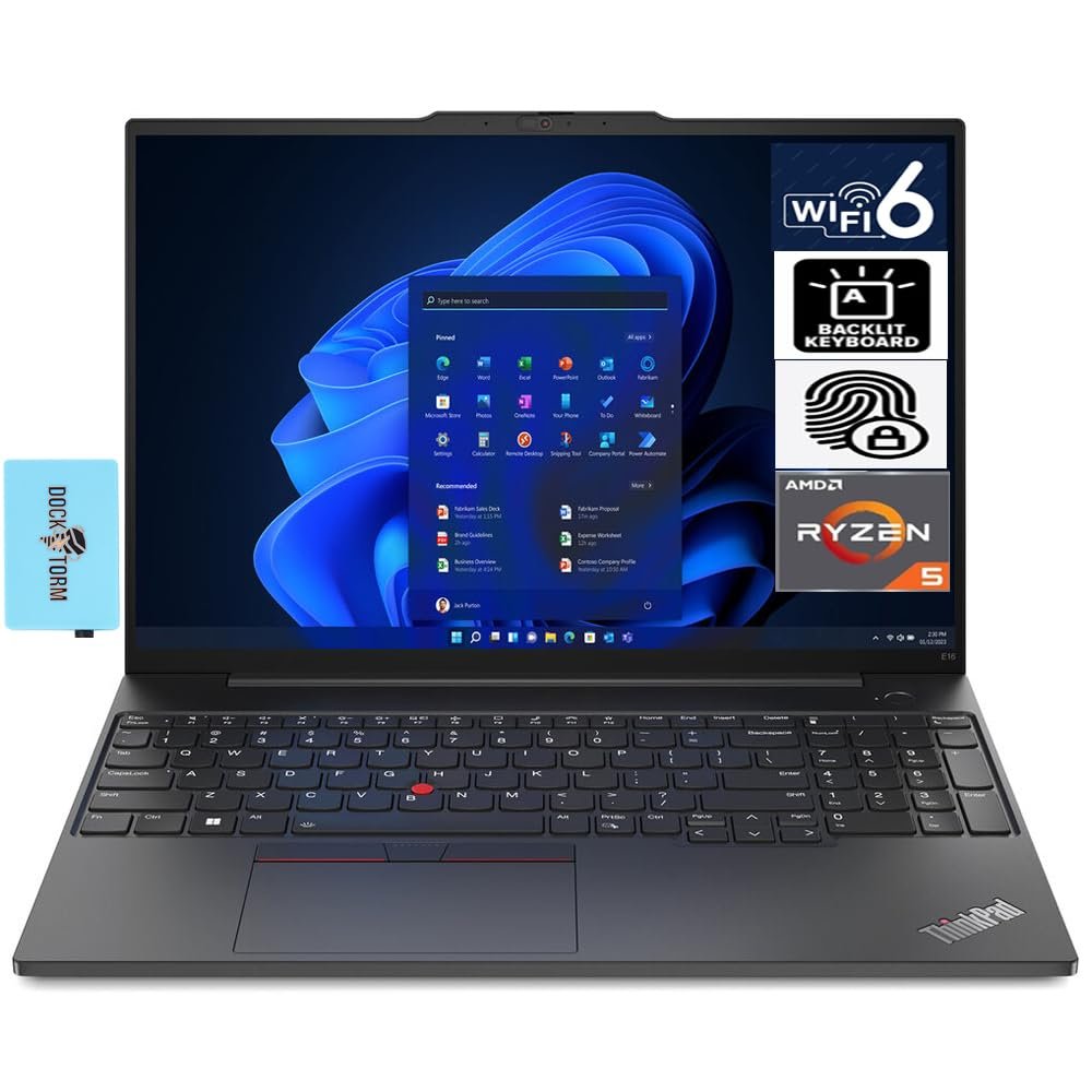 Lenovo ThinkPad E16 Gen 1 Business Laptop 16.0" WUXGA IPS Display 300 nits (AMD Ryzen 5 7530U 6-Core 2.00GHz, 24GB RAM, 1TB PCIe SSD, AMD Radeon, Backlit KYB, FP, WiFi 6, Win11Pro) w/Dockztorm Hub