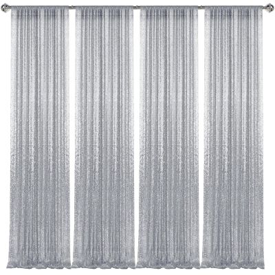 28FT-4PCS Silver Sequin Backdrop Curtains Panels, Photography Backdrop Glitter Curtains Fabric Background for Christmas Wedding Party Decor