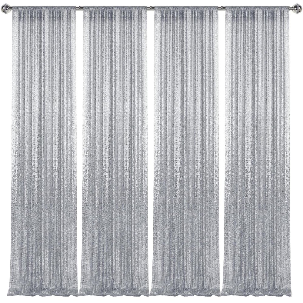 28FT-4PCS Silver Sequin Backdrop Curtains Panels, Photography Backdrop Glitter Curtains Fabric Background for Christmas Wedding Party Decor