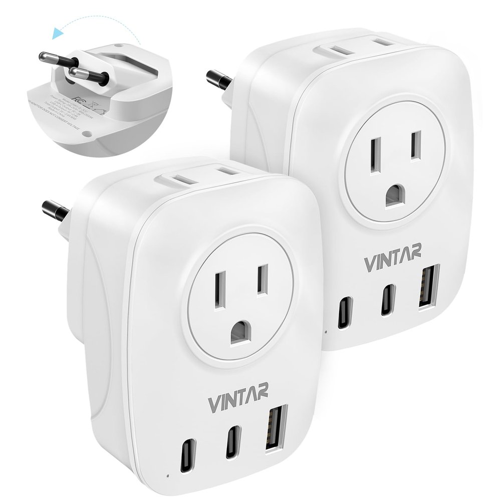 VINTAR Foldable European Travel Plug Adapter, 2 Pack Type C Plug Adapter