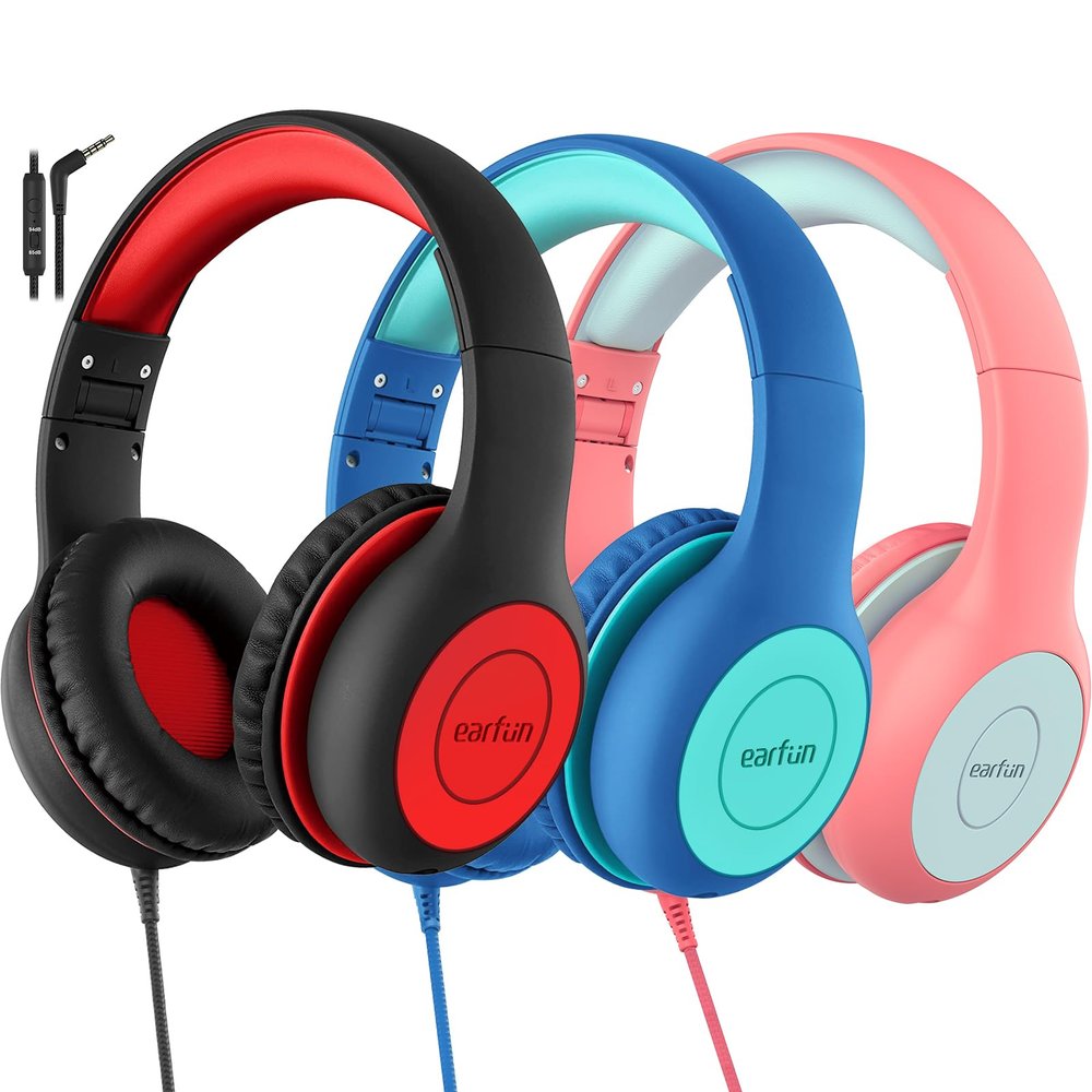 EarFun 3Packs Kids Headphones Wired with Microphone, 85/94dB Volume Limit Headphones for Kids, Portable Wired Headphone with Shareport, Stereo Sound Foldable Headset for School/Tablet/iPad/Kindle