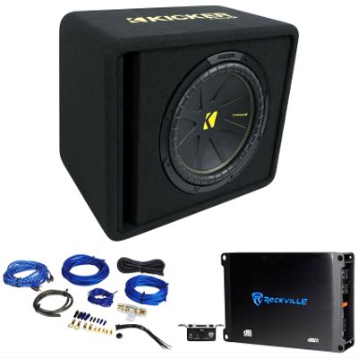 KICKER 50VCWC122 CompC 12" Subwoofer in Vented Sub Box Bundle with Rockville Amplifier+Amp Kit VCWC122 (3 Items)