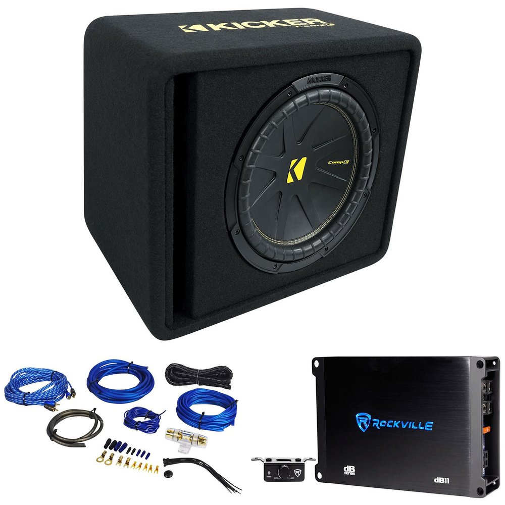 KICKER 50VCWC122 CompC 12" Subwoofer in Vented Sub Box Bundle with Rockville Amplifier+Amp Kit VCWC122 (3 Items)