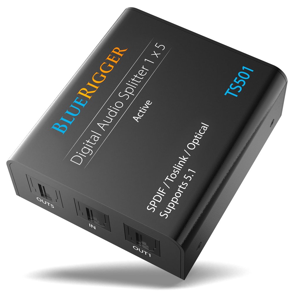 BlueRigger Digital Optical Audio Splitter 1x5 (Active Toslink Splitter 1 in 5 Out, SPDIF, Fiber Optic Audio Adapter) - for Home Theatre, Xbox, PS4, DVD, CD Player, Receiver, HDTV