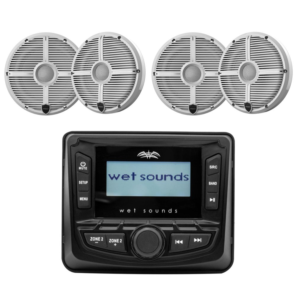 Wet Sounds WS-MC-5 3" Gauge Style AM/FM Stereo with 2.7" LCD Display with 2 Pairs Wet Sounds Recon 6 XW-W Recon Series 6.5" 60-Watt RMS Coaxial Speakers with White XW Grilles (Pair)