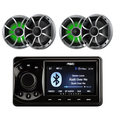 Wet Sounds WS-MC-1 4 Zone Bluetooth Marine Media Center with 5" LCD Display with 2 Pairs Recon 6-S RGB LED 6.5" 60-Watt RMS Coaxial Speakers with Silver XS Grilles (Pair)