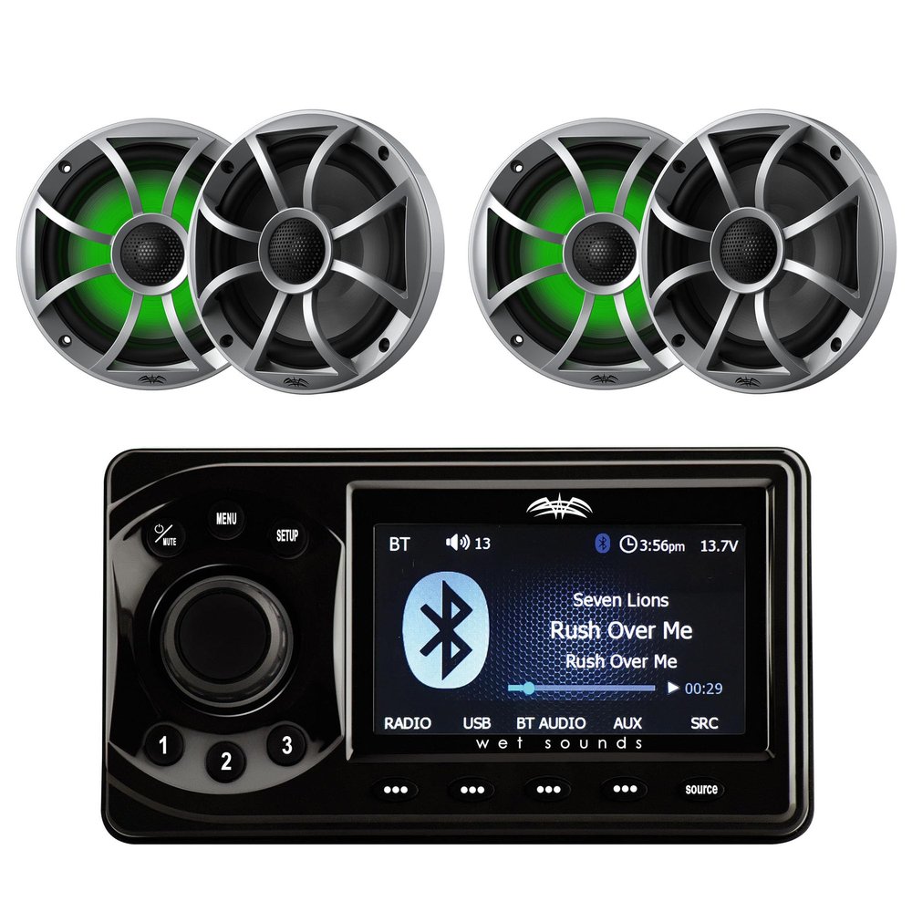 Wet Sounds WS-MC-1 4 Zone Bluetooth Marine Media Center with 5" LCD Display with 2 Pairs Recon 6-S RGB LED 6.5" 60-Watt RMS Coaxial Speakers with Silver XS Grilles (Pair)