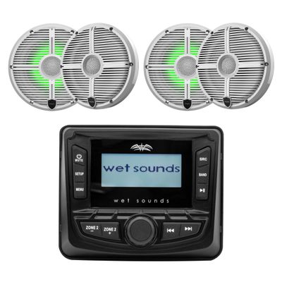 Wet Sounds WS-MC-5 3" Gauge Style AM/FM Stereo with 2.7" LCD Display with 2 Pairs Wet Sounds Recon 6 XW-W RGB LED Recon Series 6.5" 60-Watt RMS Coaxial Speakers with White XW Grilles (Pair)