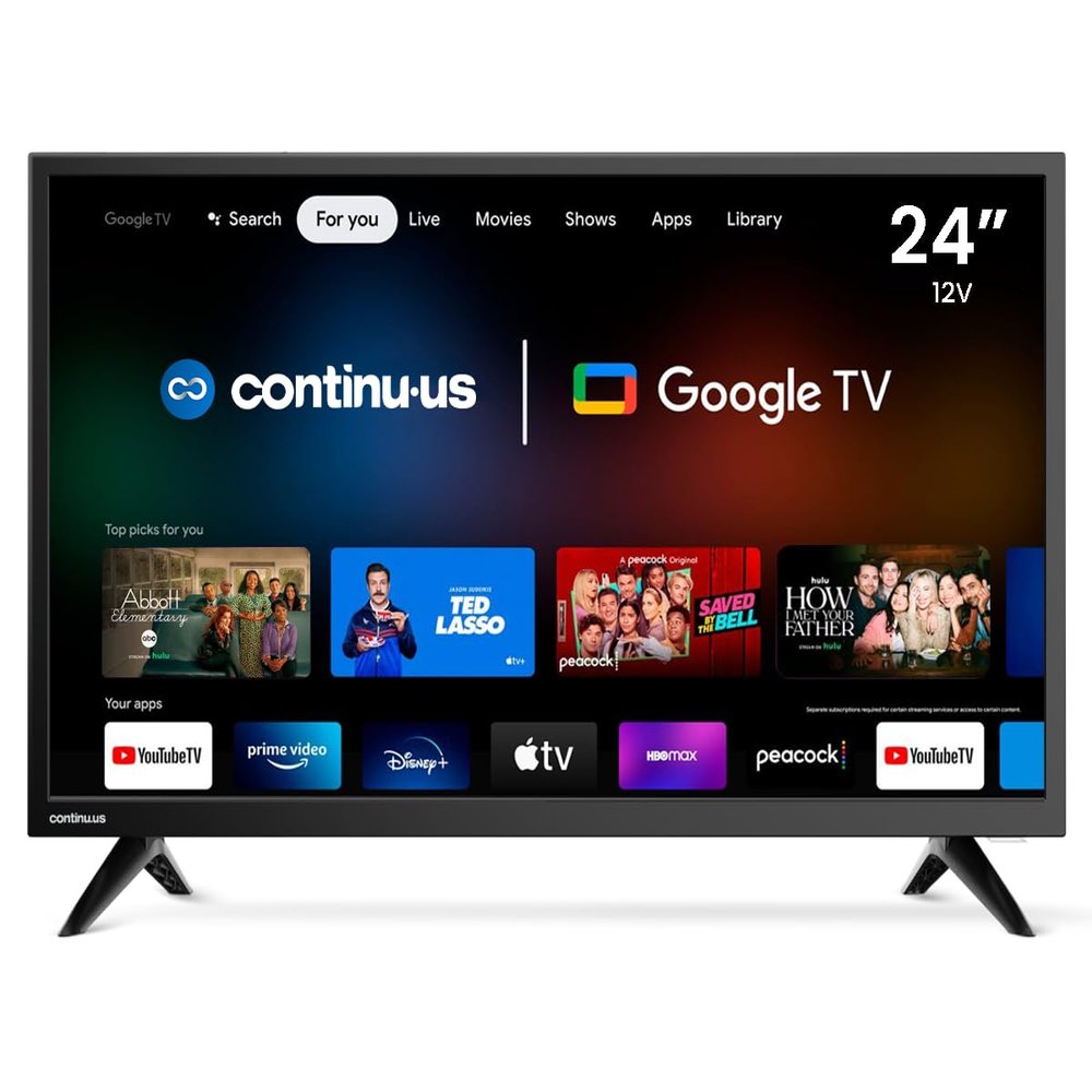 continuus 24" 12V RV Smart TV Android TV with Google Assistant, Chromecast, and Free Streaming Apps 720p HD CT-24TS10