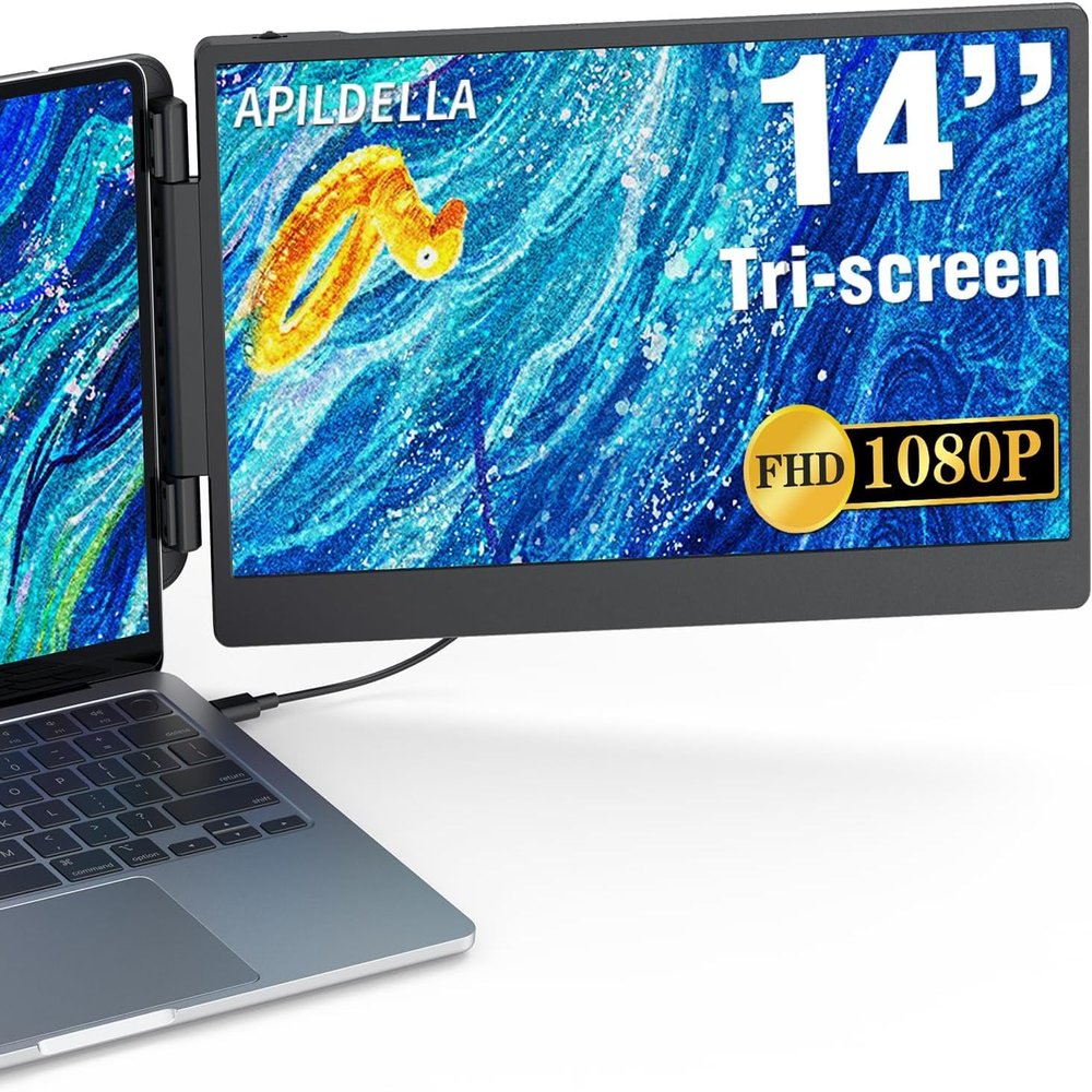 APILDELLA 14'' 1080P Portable Dual Monitor Extender for Laptops - USB C and HDMI, Plug-Play for Dual Display on Mac and Windows, Fits 13''-17.3'' Laptops
