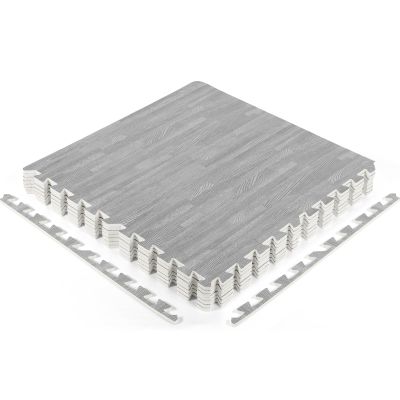Wood Grain Floor Foam Mats with Border, Wood Printed Interlocking Foam Tiles Anti Fatigue Flooring Mat(24 x 24 Inch, Gray)