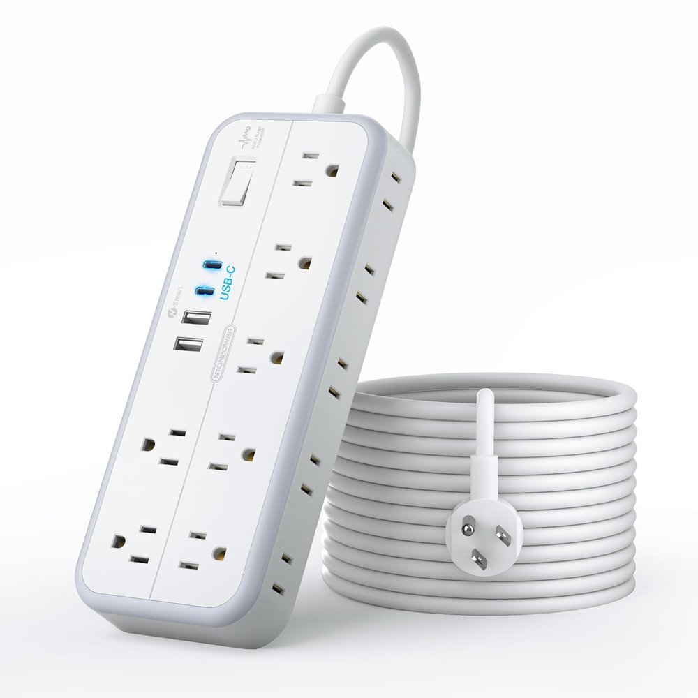 15 FT Long Extension Cord with Multiple Outlets, NTONPOWER Long Surge Protector Power Strip 14 Outlets 4 USB Ports (2 USB C), 1875W 15A, 14 Gauge 3 Prong, Mountable for Home Office, White, SurgePro