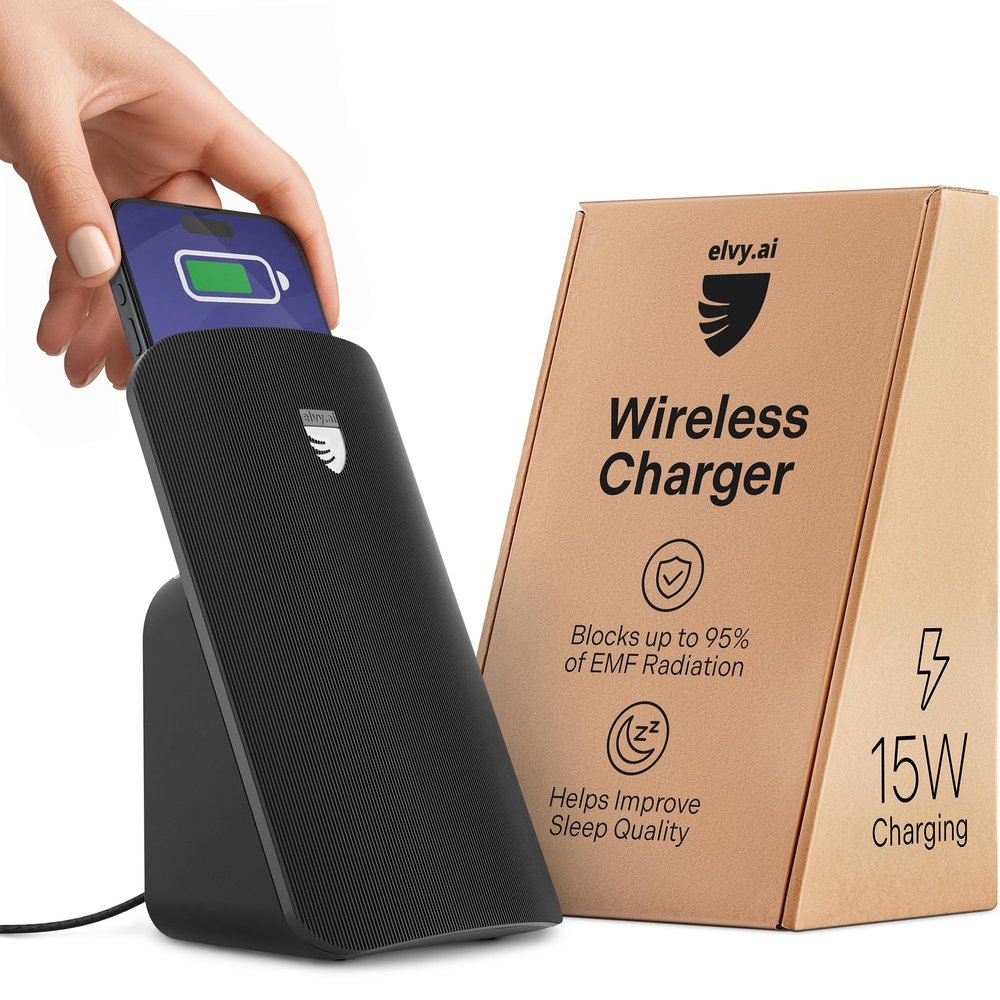 Elvy Fast Qi Wireless Charger for Cell Phones - Designed with EMF Management Technology for Enhanced Charging, Advanced Environmental Shielding, Lab Tested by Ordos Tech, 2023 (Jet Black)