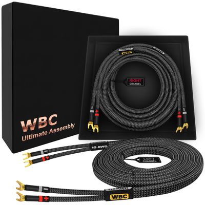 WORLDS BEST CABLES 3 Foot Ultimate - 10 AWG - Ultra-Pure OFC - Premium Audiophile HiFi Speaker Cable Pair with Eminence Spade Plugs & Carbon Tweed Jacket