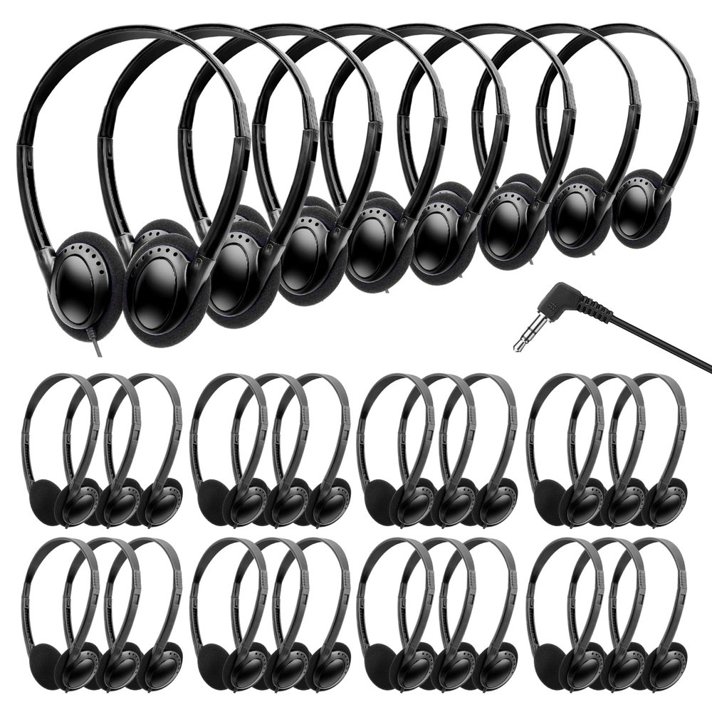 Wensdo Bulk Headphones 50 Pack for Classroom School Kids, Wholesale Wired Adjustable On Ear Headset Class Set for Students Schools Libraries Museums (HY103, 50 Black)