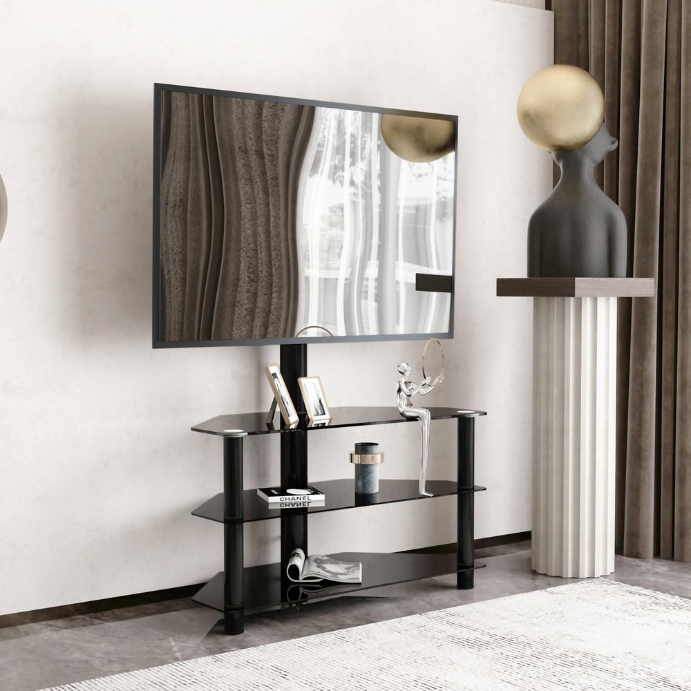 TRIPLE TREE 35.4 inch Swivel Floor TV Stand,Multi-Function Entertainment Stand for 32 to 65 inch TV,Height Adjustable 3-Tier Television Stands,Black