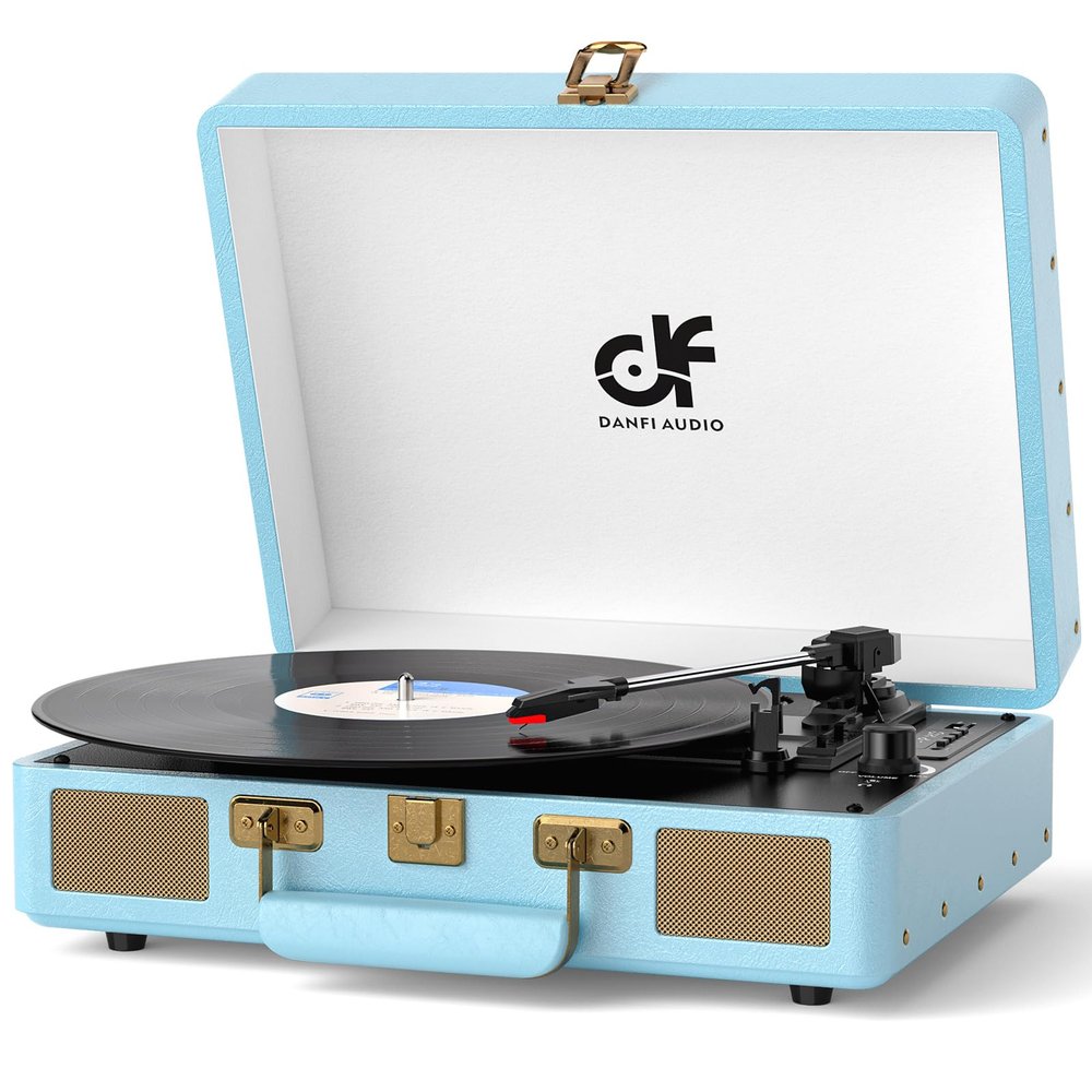 Vinyl Record Player Suitcase with Built-in Speakers, Wireless Bluetooth Vintage 3-Speed Turntable LP Record Player Support Auto-Stop, RCA/AUX/Headphone Jack,Blue