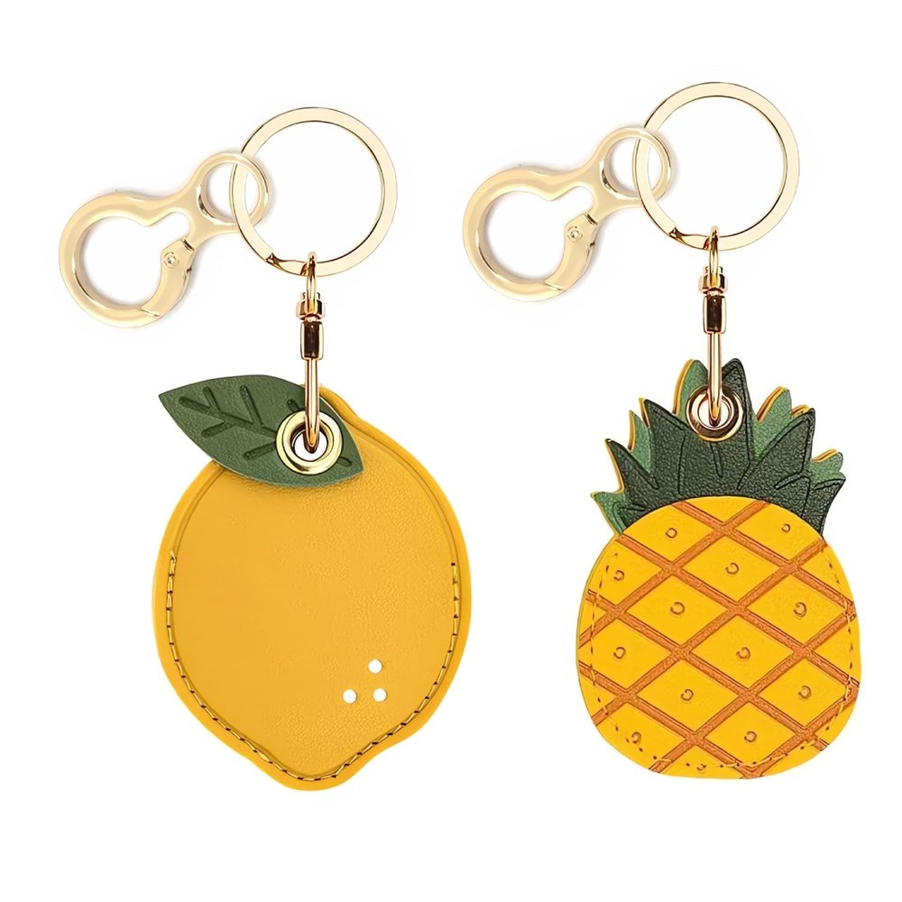 BORKUANA 2 Pack Leather Keychain Holder Case Compatible with Apple AirTag, Cute Protective Air Tag Cover with Keychain Ring, Anti-Scratch Finder GPS Tracker Case for Wallet Keys(Pineapple&Lemon)