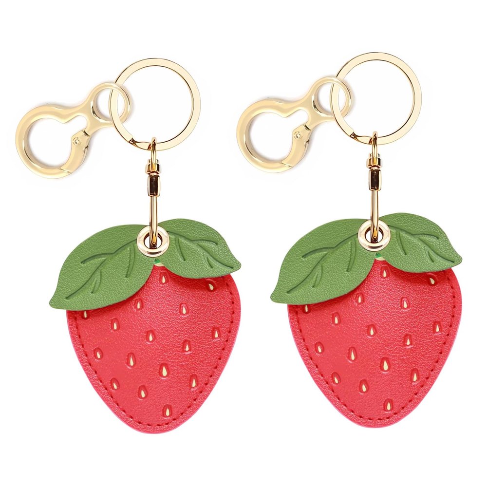 BORKUANA 2 Pack Leather Keychain Holder Case Compatible with Apple AirTag, Cute Protective Air Tag Cover with Keychain Ring, Anti-Scratch Finder GPS Tracker Case for Wallet Keys(Strawberry)