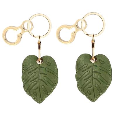 BORKUANA 2 Pack Leather Keychain Holder Case Compatible with Apple AirTag, Cute Protective Air Tag Cover with Keychain Ring, Anti-Scratch Finder GPS Tracker Case for Wallet Keys(Small Leaves)