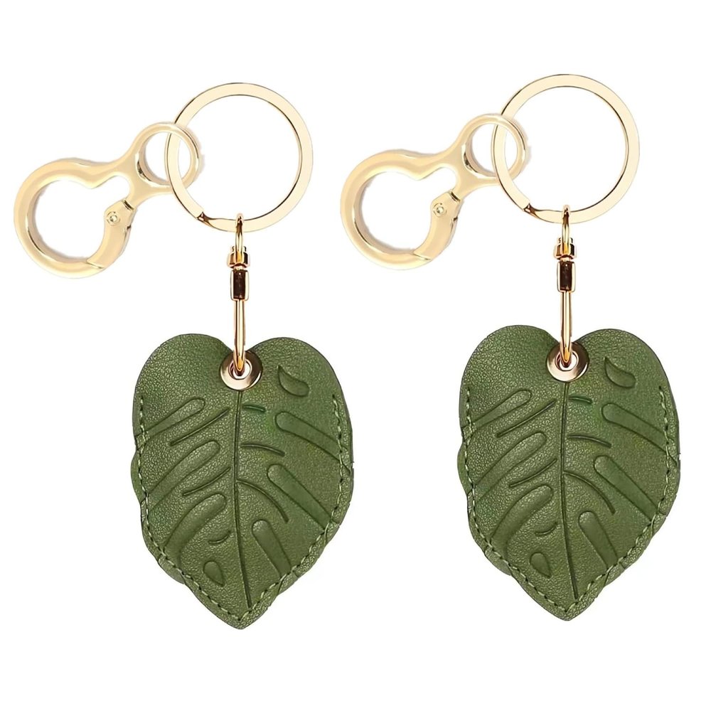 BORKUANA 2 Pack Leather Keychain Holder Case Compatible with Apple AirTag, Cute Protective Air Tag Cover with Keychain Ring, Anti-Scratch Finder GPS Tracker Case for Wallet Keys(Small Leaves)