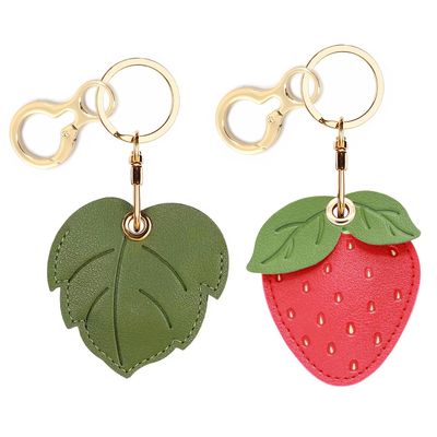 BORKUANA 2 Pack Leather Keychain Holder Case Compatible with Apple AirTag, Cute Protective Air Tag Cover with Keychain Ring, Anti-Scratch Finder GPS Tracker Case for Wallet Keys(Strawberry&Leaves)