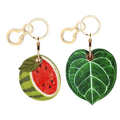 BORKUANA 2 Pack Leather Keychain Holder Case Compatible with Apple AirTag, Cute Protective Air Tag Cover with Keychain Ring, Anti-Scratch Finder GPS Tracker Case for Wallet Keys(Watermelon&Leaves)