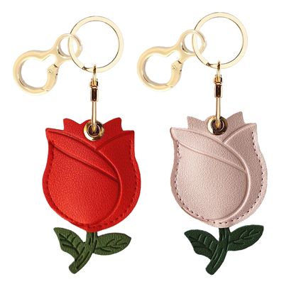 2 Pack Leather Keychain Holder Case Compatible with Apple AirTag, Cute Protective Air Tag Cover with Keychain Ring, Anti-Scratch Finder GPS Tracker Case for Wallet Keys(Red Flower&Pink Flower)