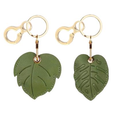 BORKUANA 2 Pack Leather Keychain Holder Case Compatible with Apple AirTag, Cute Protective Air Tag Cover with Keychain Ring, Anti-Scratch Finder GPS Tracker Case for Wallet Keys(Large &Small Leaves)