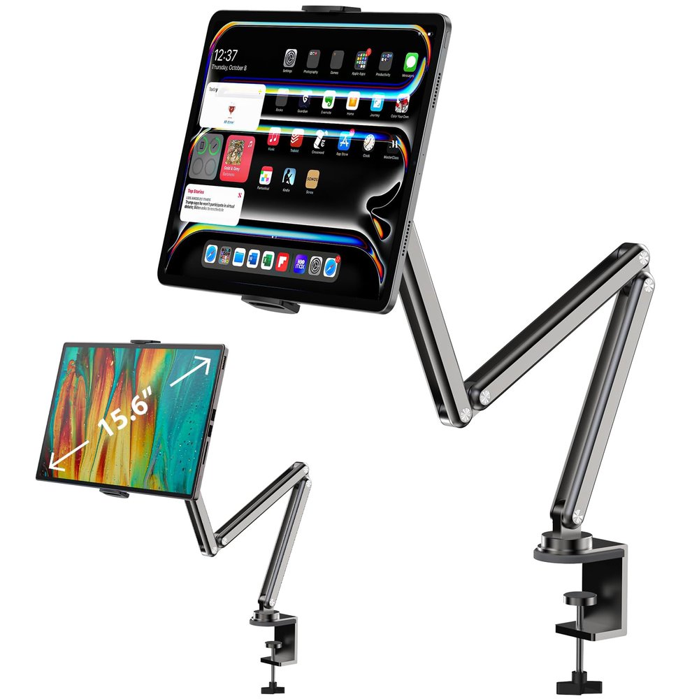 KU XIU Aluminum Alloy Tablet Stand for Desk, Adjustable Foldable Arm Holder Mount Compatible with iPad 10/9th, iPad 13/12.9/11'' Pro Air Mini, Portable Monitor 7-15.6'', Samsung Galaxy Tab S9/FE/A9/S6