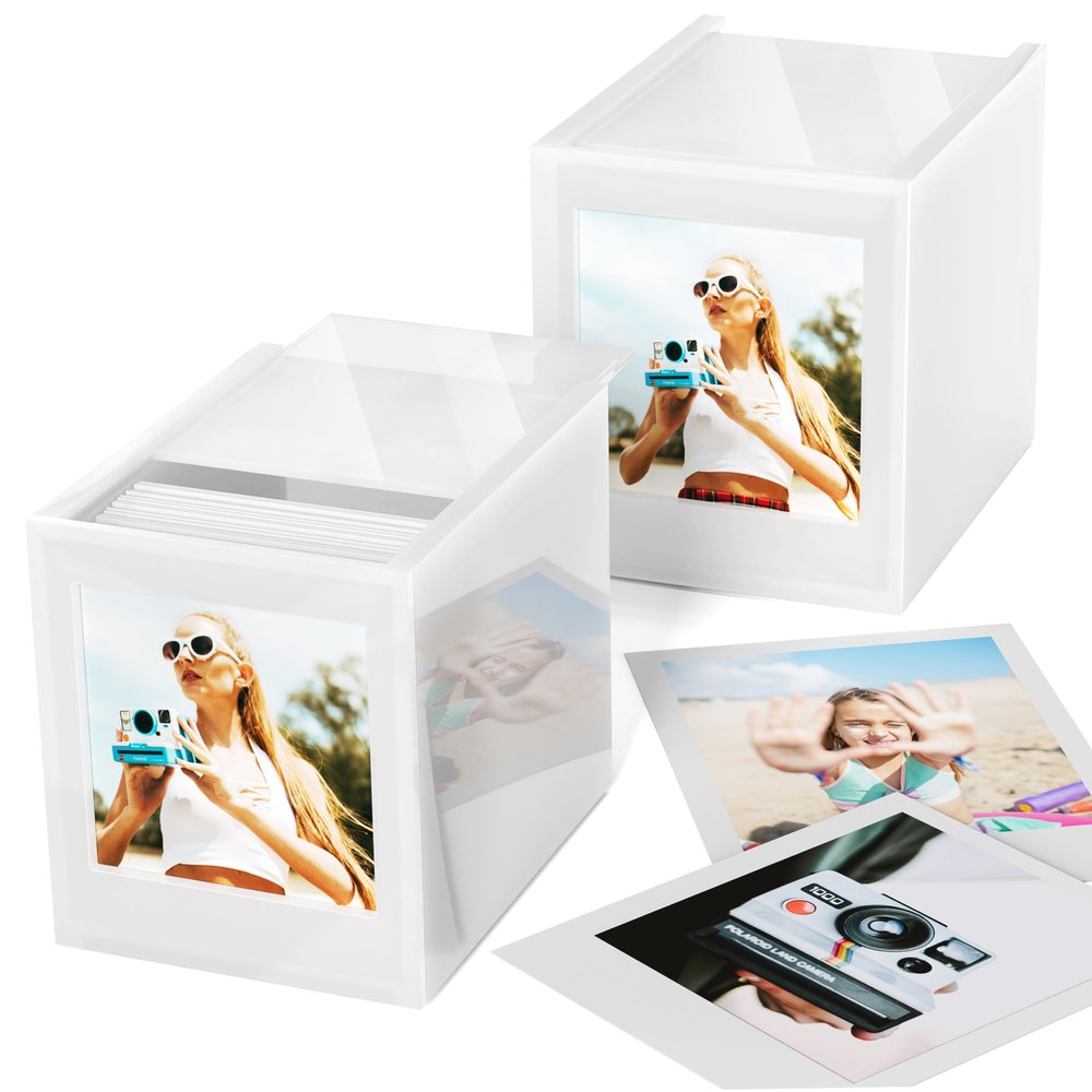 WINKINE Acrylic Polaroid Photo Frame & Film Storage Box for Polaroid i-Type/600/SX-70 Film/Instax Square Film, Instax Frame 4.2x3.5 with Sliding Lid, Wedding Guest Book Alternative, White, 2 Pack