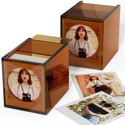 WINKINE Acrylic Polaroid Photo Storage Box & Frame, Photo Frame for Film 4.2x3.5 with Sliding Lid, Polaroid Storage Box for i-Type/600/SX-70/Instax Square Films, Amber, 2 Pack