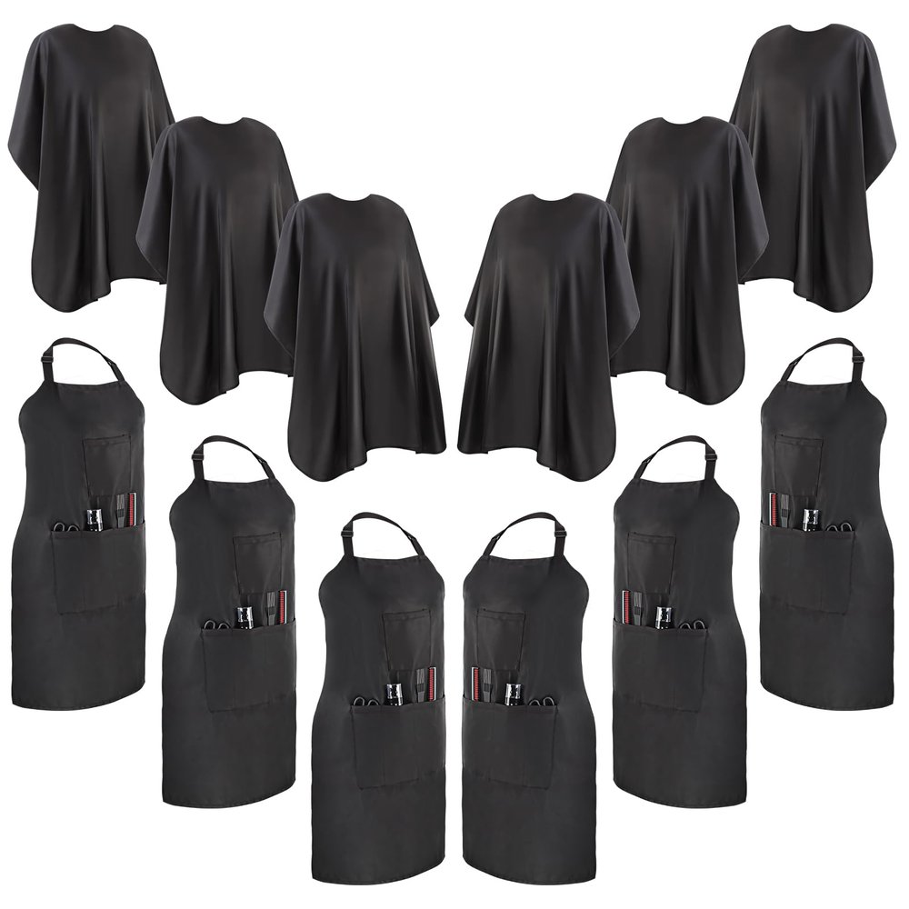 Liitrsh 12 Pc Hair Salon Accessories Set: 6 Aprons with Pockets, 6 Caps, Waterproof Apron for Hair Stylist & Home Use