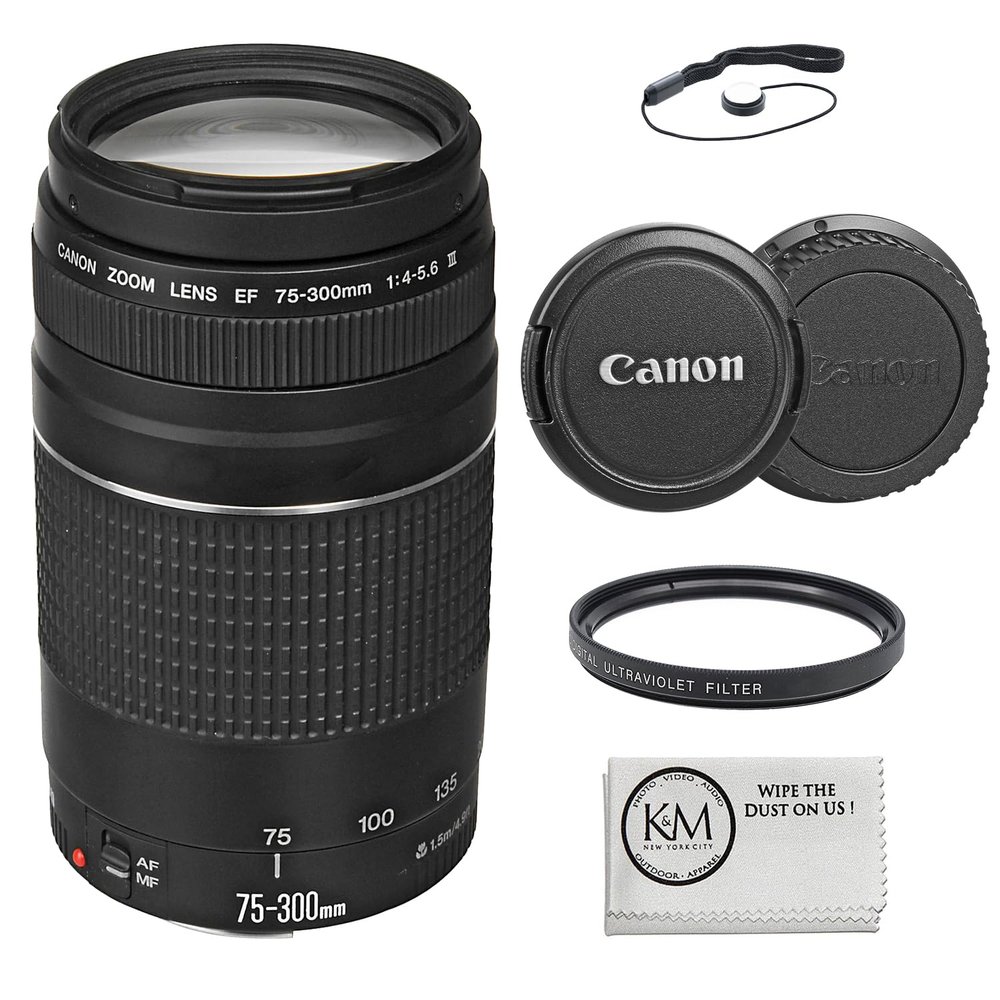 Canon EF 75-300mm f/4-5.6 III Lens Bundled with 58mm UV Filter + Lens Cap Keeper + Microfiber Cleaning Cloth (4 Items)