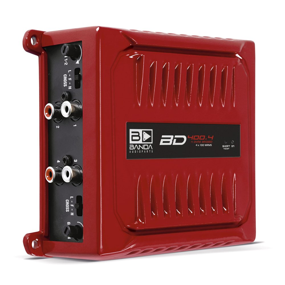 Banda Audioparts BD400.4RED Four Channel 4 x 100 Watt Rms Full Range Car Audio Amplfier 4 Ohms Bridged with Optional Use Low or High Pass Filters Red