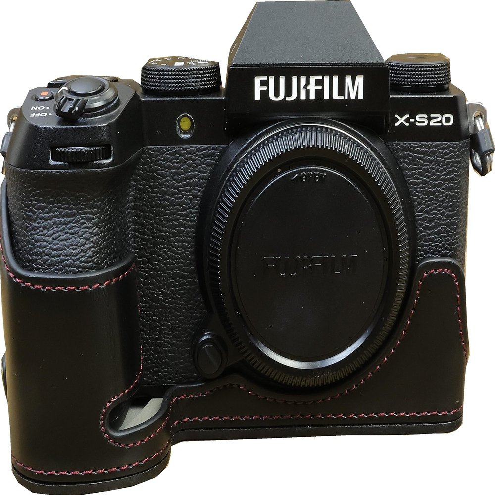 BMAOLLONGB X-S20 Case, Handmade PU Leather Half Camera Case Bag Cover Bottom Opening Version for Fujifilm X-S20 XS20 With Hand Strap (Black-A)