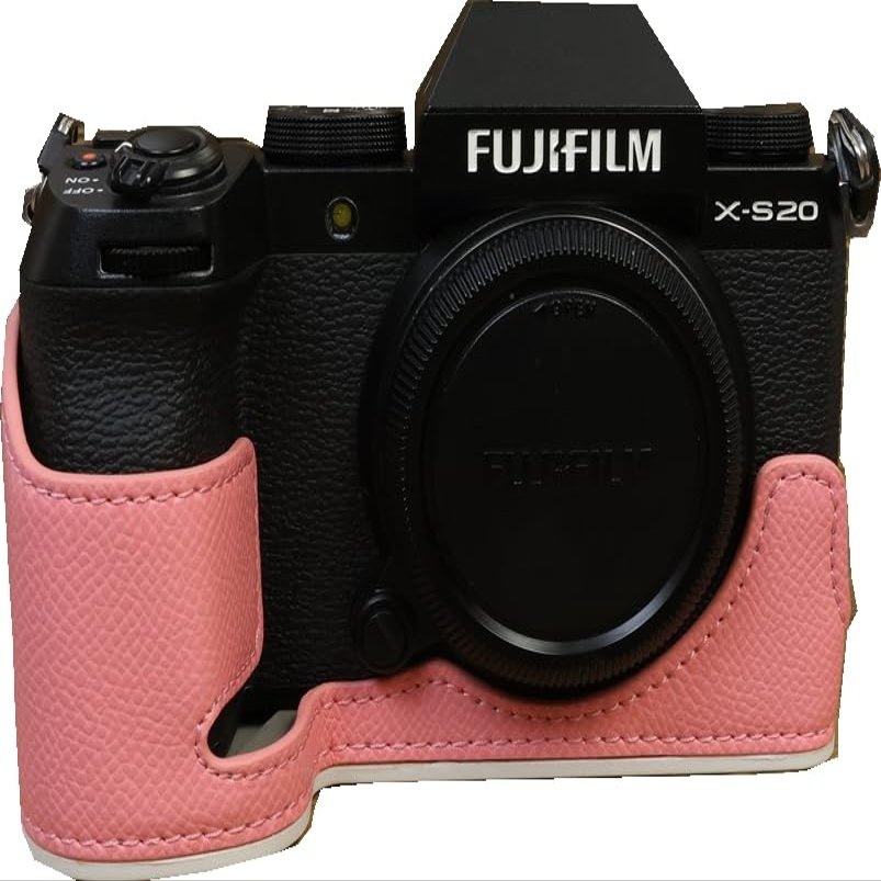 BMAOLLONGB X-S20 Case, Handmade PU Leather Half Camera Case Bag Cover Bottom Opening Version for Fujifilm X-S20 XS20 With Hand Strap (Pink)