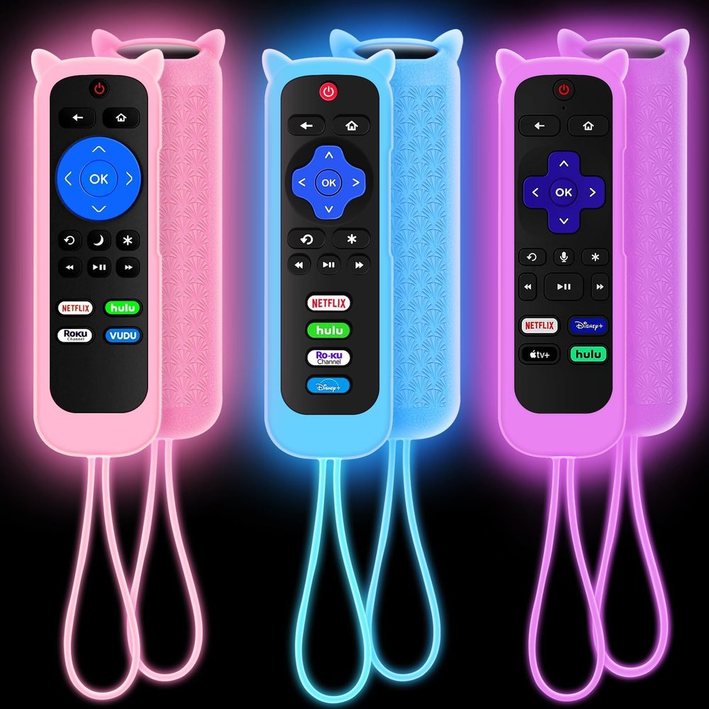 3Pack Remote Cover for Roku, Compatible with Hisense/TCL Roku TV Steaming Stick/Express, Silicone Protective Controller Universal Sleeve Skin Glow in The Dark Purple Blue Pink