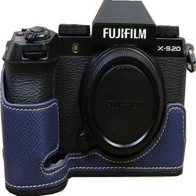 BMAOLLONGB X-S20 Case, Handmade PU Leather Half Camera Case Bag Cover Bottom Opening Version for Fujifilm X-S20 XS20 With Hand Strap (Blue)