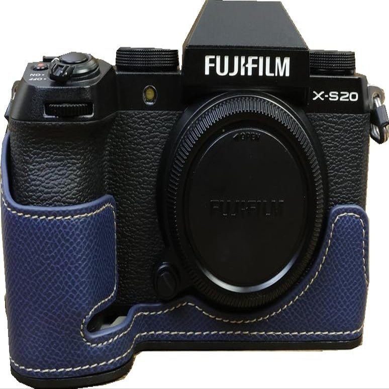 BMAOLLONGB X-S20 Case, Handmade PU Leather Half Camera Case Bag Cover Bottom Opening Version for Fujifilm X-S20 XS20 With Hand Strap (Blue)