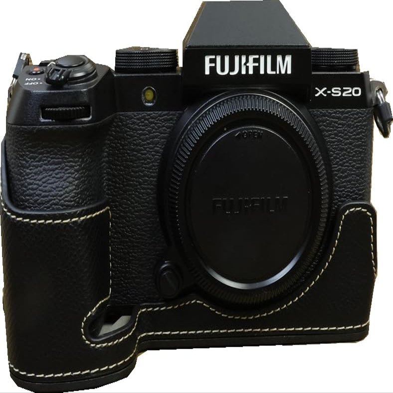 BMAOLLONGB X-S20 Case, Handmade PU Leather Half Camera Case Bag Cover Bottom Opening Version for Fujifilm X-S20 XS20 With Hand Strap (Black-B)