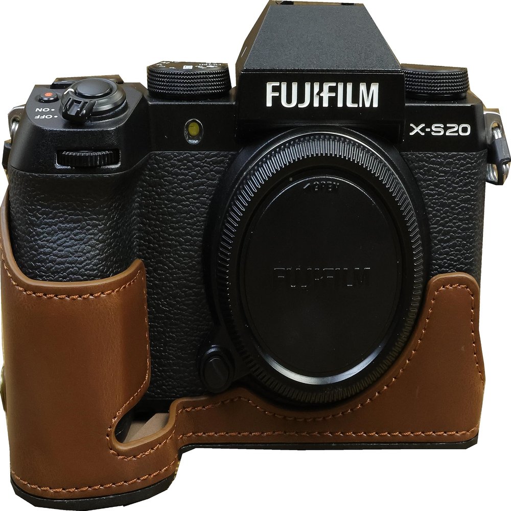 BMAOLLONGB X-S20 Case, Handmade PU Leather Half Camera Case Bag Cover Bottom Opening Version for Fujifilm X-S20 XS20 With Hand Strap (Coffee)