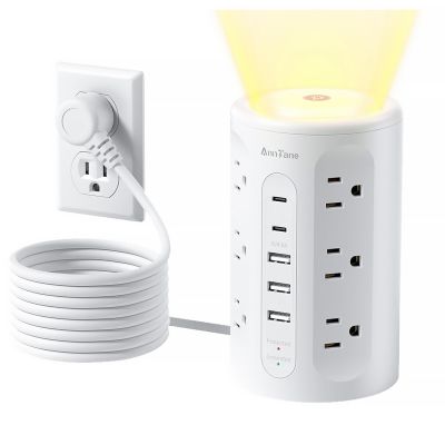AnnTane Power Strip Tower with Night Light, 15W Surge Protector Power Strip with USB Ports, 10 FT Extension Cord with Multiple Outlets (12AC+3A+2C) for Home Office Desk DormRoom (White)