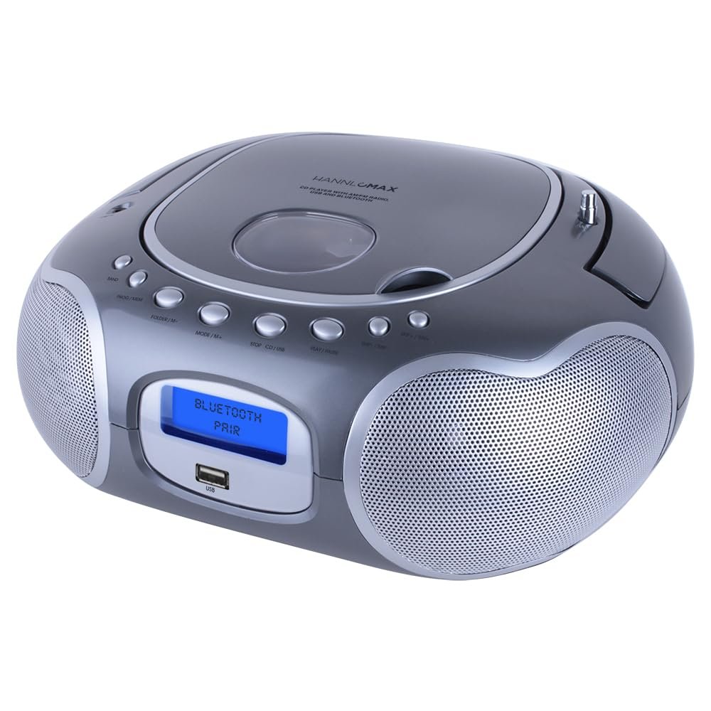 HANNLOMAX HX-309CD Portable CD/MP3 Boombox, AM/FM Radio, Bluetooth, USB Port for MP3 Playback, Aux-in, LCD Display, AC/DC Operated (Grey)