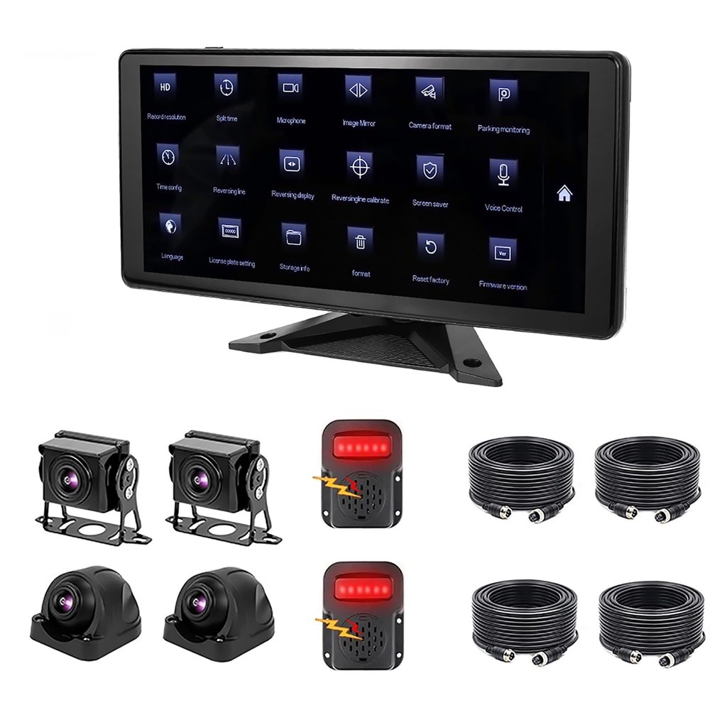 10.36 Inch Touch Backup Camera System with 4 AHD 1080P Camera & 2 Radar Alarm, 4-Channel BSD All-in-One Monitor for Truck RV Campers