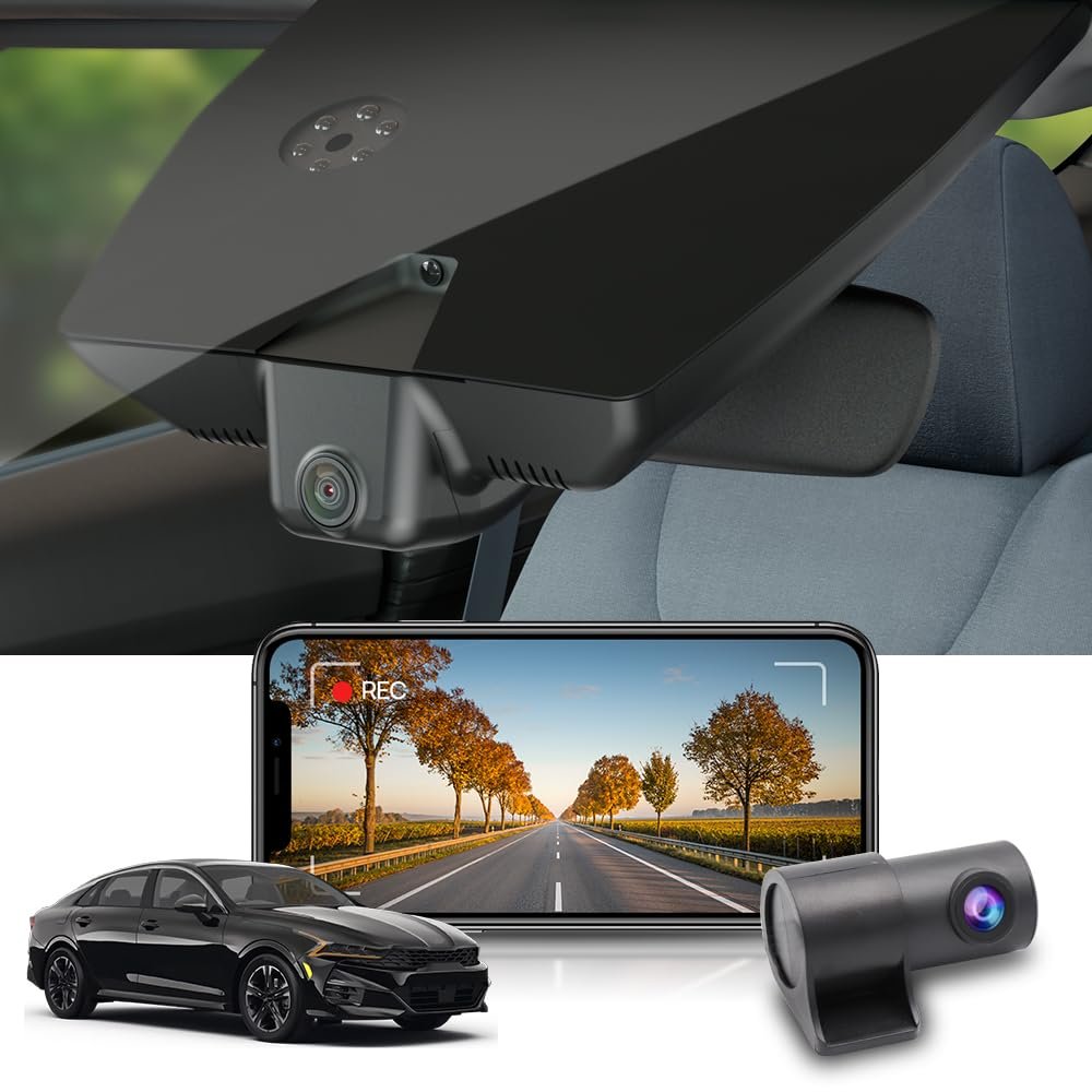 Fitcamx Front 2K+Rear 1080P Dash Cam Adapts for Kia K5 2021-2024 (Part No#L3000) LX LXS GT-Line EX GT, Integrated OEM Style, Dual HD Video, WiFi & APP, Loop Recording, G-Sensor, Easy to Set, 64GB Card