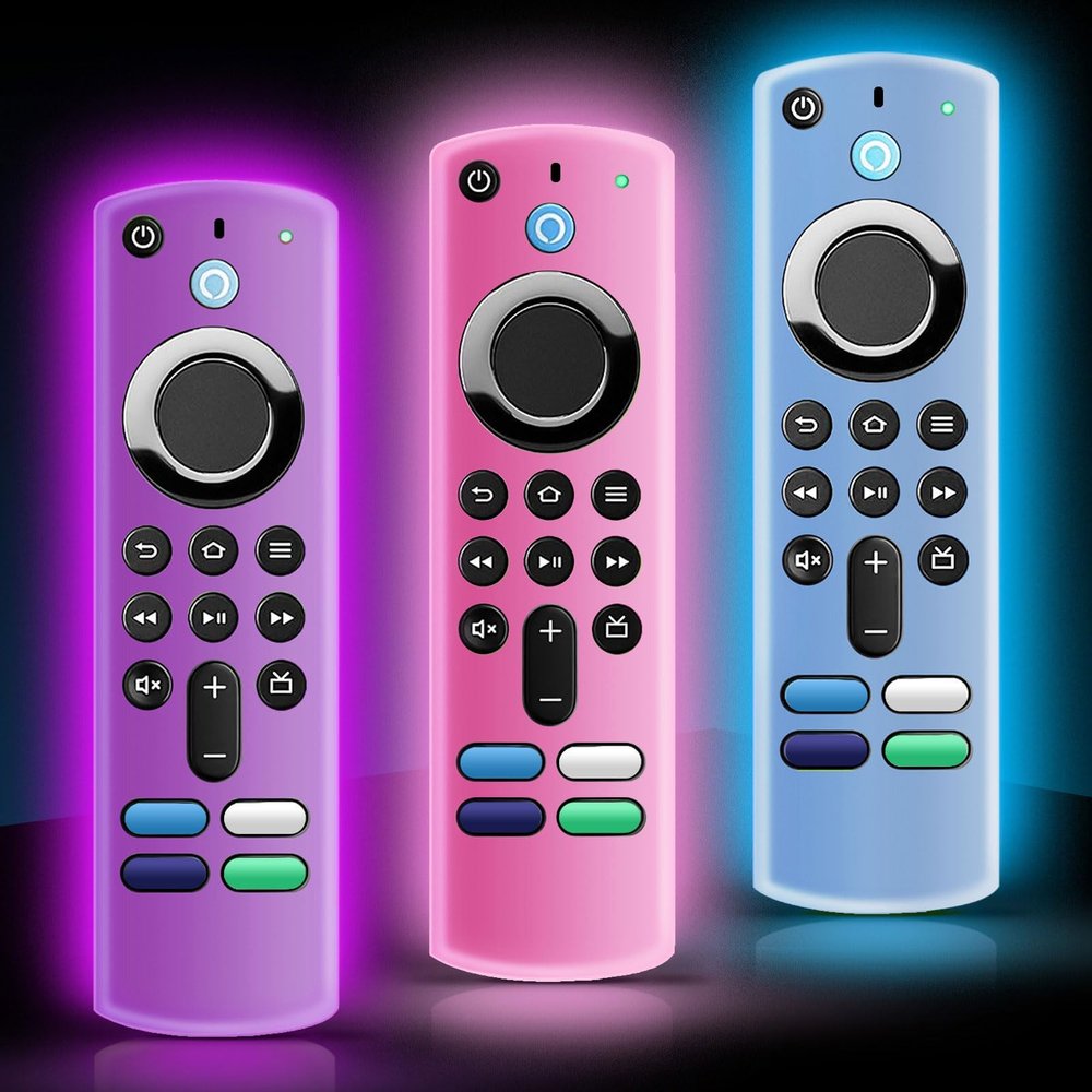 3 Pack Silicone Remote Cover Case, Anti Slip Silicone Protective Case Glow in The Dark with Lanyard(Blue & Pink & Purple)