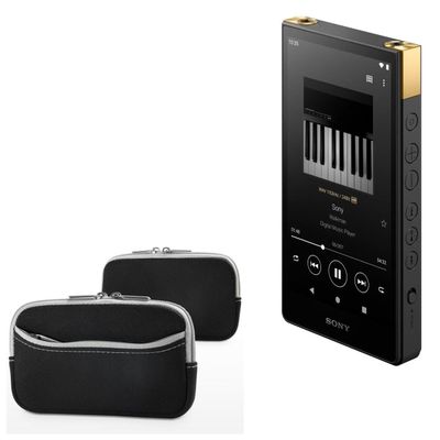 BoxWave Case Compatible with Sony Walkman NW-ZX707 - SoftSuit with Pocket, Soft Pouch Neoprene Cover Sleeve Zipper Pocket - Jet Black with Grey Trim